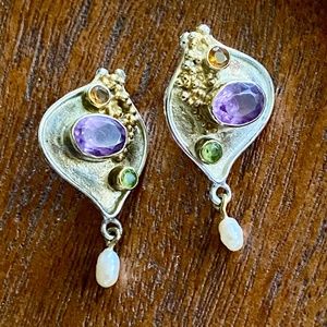 Sterling Silver Amethyst Peridot & Topaz Earrings W/Pearl Drops